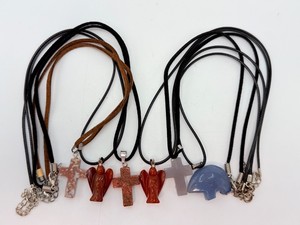 6 Carved Gemstone Pendants Carnelian Angels, Earthy Jasper Crosses &amp Blue Quartz Zuni Bear Cord Necklaces
