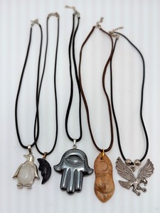 Boho Crystal &amp Metal Necklace Set featuring Quartz Penguin, Obsidian Moon, Hematite Hamsa, Jade Amulet, and Silver Tone Eagle