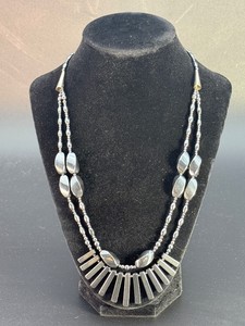 Magnificent Vintage Art Deco Hematite Bib Necklace Statement Southwestern Double Strand Liquid Gunmetal Gloss Graduated Waterfall Fringe Drop Collar (2.8 oz  81 g)