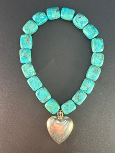 Exquisite Desert Rose Trading DTR by Jay King Artisan-Crafted Southwestern Genuine Turquoise Nugget Pillow Bead Statement Bracelet Featuring a Brilliant Solid Sterling Silver 925 Polished Puffy Heart Charm Pendant