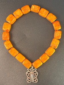 Rare Artisan Jay King DTR Mine Finds Sterling Silver 925 Chunky Block Cushion Cut Natural Orange Sponge Coral Filigree Butterfly Charm Openwork Monarca Stretch Bracelet