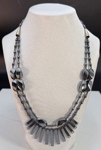 Magnificent Vintage Art Deco Hematite Bib Necklace Statement Southwestern Double Strand Liquid Gunmetal Gloss Graduated Waterfall Fringe Drop Collar (2.8 oz  81 g)