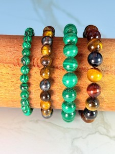 4pc Gemstone Bead Bracelet Set 10mm Multicolor Tiger Eye &amp Large Malachite, 8mm Golden Tigers Eye Hematite Strand, 6mm Small Adjustable Green Malachite Beads
