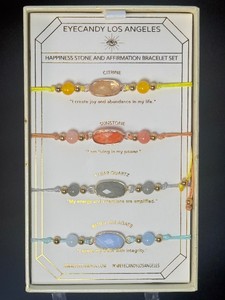 Eye Candy LA Luxe 4Pc Happiness Stone &amp Affirmation Bracelet Set Citrine, Sunstone, Clear Quartz &amp Blue Lace Agate Adjustables In Elegant Presentation Box