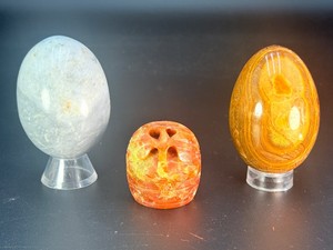 Vintage Natural Stone &amp Crystal Carvings Trio Banded Aragonite Egg, Carved Tree of LifeFlame Totem, and Quartz Egg (1 lb 6.5 oz  639 g)