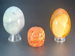 Vintage Natural Stone &amp Crystal Carvings Trio Banded Aragonite Egg, Carved Tree of LifeFlame Totem, and Quartz Egg (1 lb 6.5 oz  639 g)