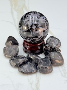 Natural Indigo Gabbro Sphere &amp Tumbled Stone Set - Mystical Merlinite Crystal (14.6 oz  415 g)