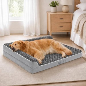 XL Orthopedic Dog Bed for Large Sized Dogs, 42x30x7.5, Grey  Waterproof, Washable Cover, L-Shaped Pet Couch, Egg-Crate Foam for Pressure Relief, Portable Handle
