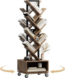 14-Tier Tree Rotating Bookshelf, 360 Degree Spinning Retro Floor Standing Bookcase with Storage Cabinet for Magazines DVDs Books for Small Spaces in Bedroom Living Room Home Office, Rustic Brown