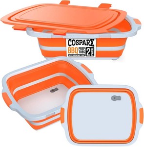 2-Pack XL Collapsible BBQ Prep Tub with Built-In Cutting Board, Lid & Strainer   Marinate, Drain & Prep   Large Food-Safe Container   Perfect for Grilling, Smoking & Outdoor Cooking