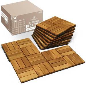 Tranquillo Interlocking Deck Tiles 12x12, Acacia Wood Patio Tiles, Waterproof Flooring Tiles for Indoor and Outdoor   Non-Slip, Easy Installation (Golden - Crossed Pattern, 10 Pcs - 10 Square Ft)