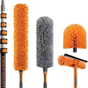 30 Foot High Reach Duster Kit with 5-24 ft Extension Pole for Cleaning  High Ceiling Dusting & Window Cleaning Kit with Telescopic Pole, Window Washer Squeegee, Cobweb Duster, Fan & Feather Dusters