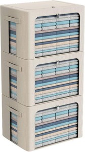 CYhom 3Pack Frame Storage Box - Clothes Storage Bin Bags Oxford Fabric Foldable Stackable Container Organizer Set with Clear Window & Carry Handles Large Capacity (Beige, Extra Large-100L)