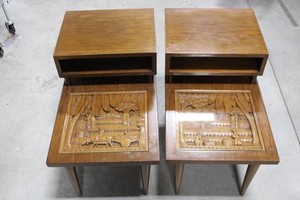 Oriental Vintage Carved Wood Nightstands With Farm Scene Panels (2)