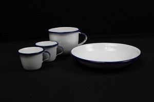 Vintage White Enamelware Cups & Bowl With Blue Trim (4pc)