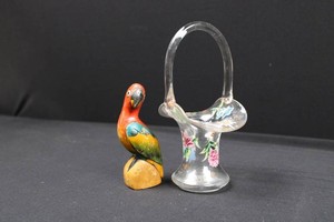 Decorative Glass Basket & Carved Parrot