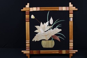 Bamboo-Framed Floral Inlay Wall Panel