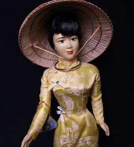 Asian Style Display Doll in Embroidered Dress With Conical Hat