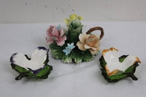 Vintage Porcelain Floral Trinket Dishes & Handled Basket (Lot of 3)