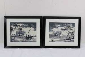Framed Asian Landscape Art Prints - Village Scenes (Lot of 2)