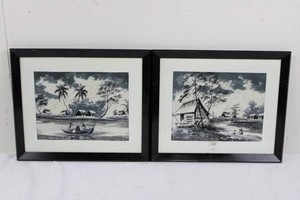 Framed Monochrome Asian Rural Scene Prints (Lot of 2)