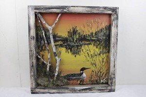 3D Loon Landscape Painting on Wood Panel - Framed 27.5 X 27.5 in