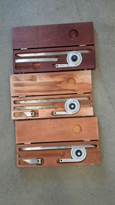 3 SARET BEVEL VERNIER PROTRACTORS IN WOODEN BOXES (MISSING A FEW PARTS)
