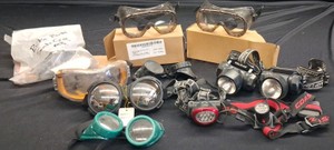 LARGE LOT OF SAFETY GOGGLES AND HEAD LIGHTS