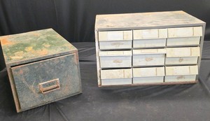 VINTAGE STEEL ARMY GREEN CARD FILE BOX AND VINTAGE ORGANIZER BOX