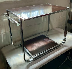 Two-tier tea table by Ralph Lauren, chrome frame with Lucite handle detail