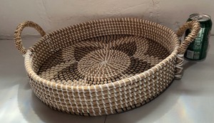 Hand coiled sweetgrass and pine needle handled serving tray, spiral and star pattern