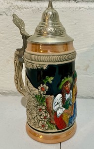 Vintage West German lidded beer stein, pewter lid, floral relief design