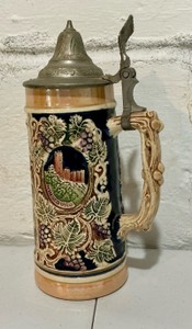 Vintage German beer stein with pewter lid- Winneburg castle relief design