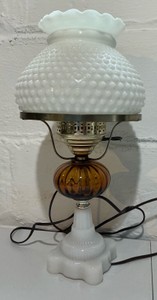 Vintage fenton style milk glass hobnail hurricane lamp with amber glass font accent & ruffled shade
