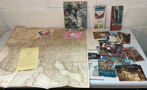 Vintage paper ephemera lot- Large German  historical war map, travel Bremen postcards & Disney brochure