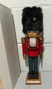 Vintage wooden toy soldier nutcracker- Holiday guardsman with faux fur hat & rifle