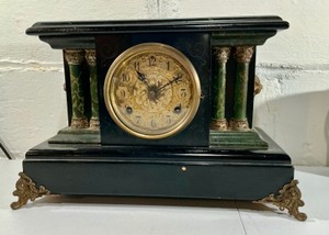 Antique Victorian architectural mantel clock- green faux marble pillars & ornate filigree dial