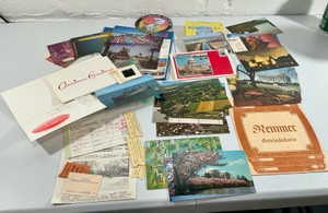 Vintage paper ephemera lot- German drink menu, Washington DC souvenirs & travel postcards USS Currituck Vietnam ephemera