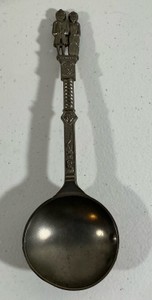 Vintage Dutch pewter wedding spoon, figural bride & groom handle