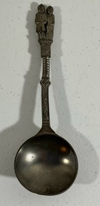 Vintage Dutch pewter wedding spoon, bride & groom handle