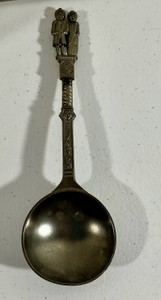 Vintage Dutch pewter wedding spoon, figural bride & groom handle