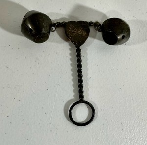 Vintage sterling silver dumbbell baby rattle, heart accent engraved baby