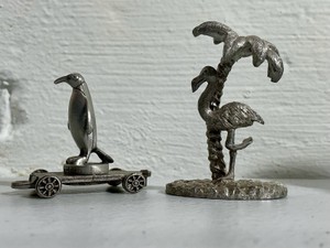 Vintage pewter miniature figurine lot, penguin and flamingo