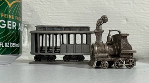 Vintage cast pewter miniature train lot, steam locomotive engine & passenger trolley car