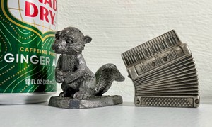 Vintage cast pewter miniature lot, detailed accordion instrument & squirrel figurine