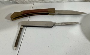 Vintage folding knife lot, brass & wood handle lockback knife & stainless steel multi tool