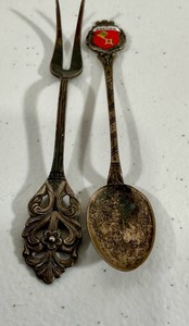 Vintage German souvenir flatware lot, Bremen enamel crest spoon & ornate 2-tine pickle fork