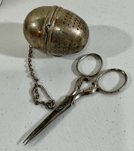 Vintage silver tone tea steeper infuser ball & ornate embroidery scissors