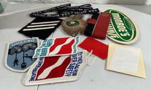 Vintage patch lot, USS Sutter county navy arcs, skin diver safety & Monroes automotive
