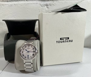 Tourneau stainless steel dress watch, Roman numeral white dial with leather case & box